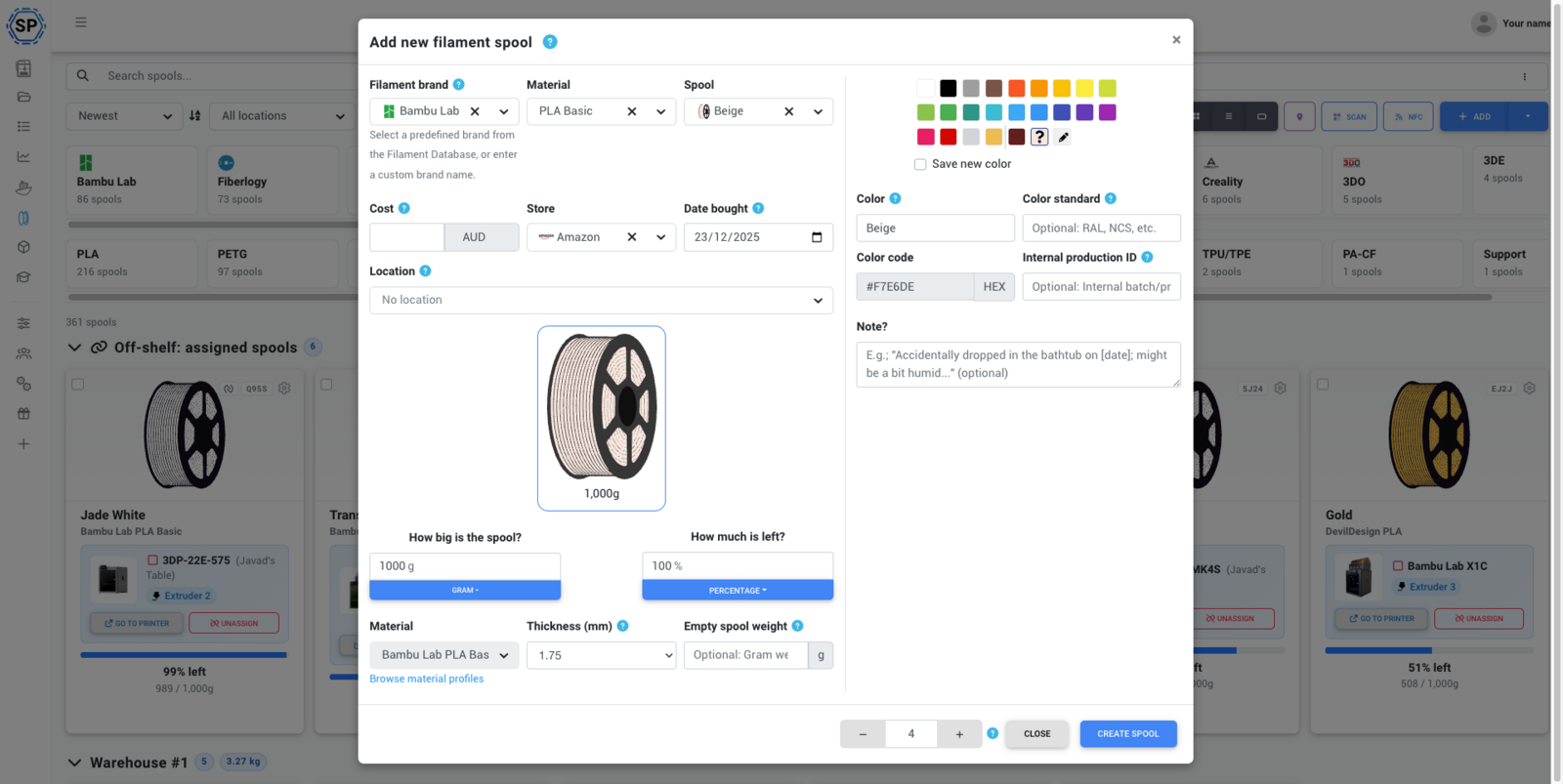 Add filament modal with all options