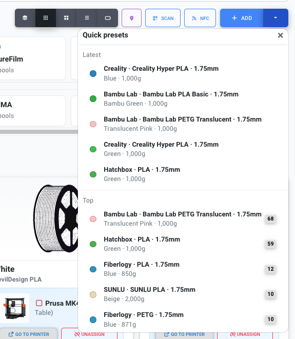 Quick create dropdown showing recent spool types
