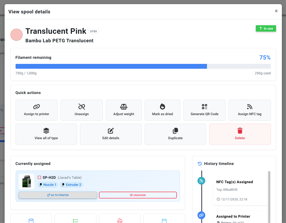 Spool view modal showing detailed information