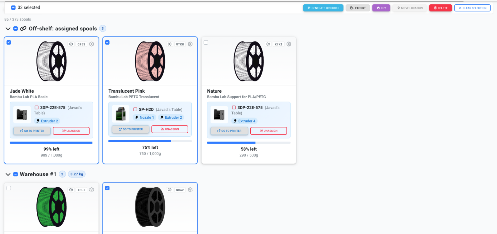 Bulk selection mode with multiple spools selected