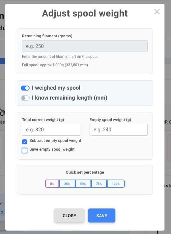 Adjust weight modal with options