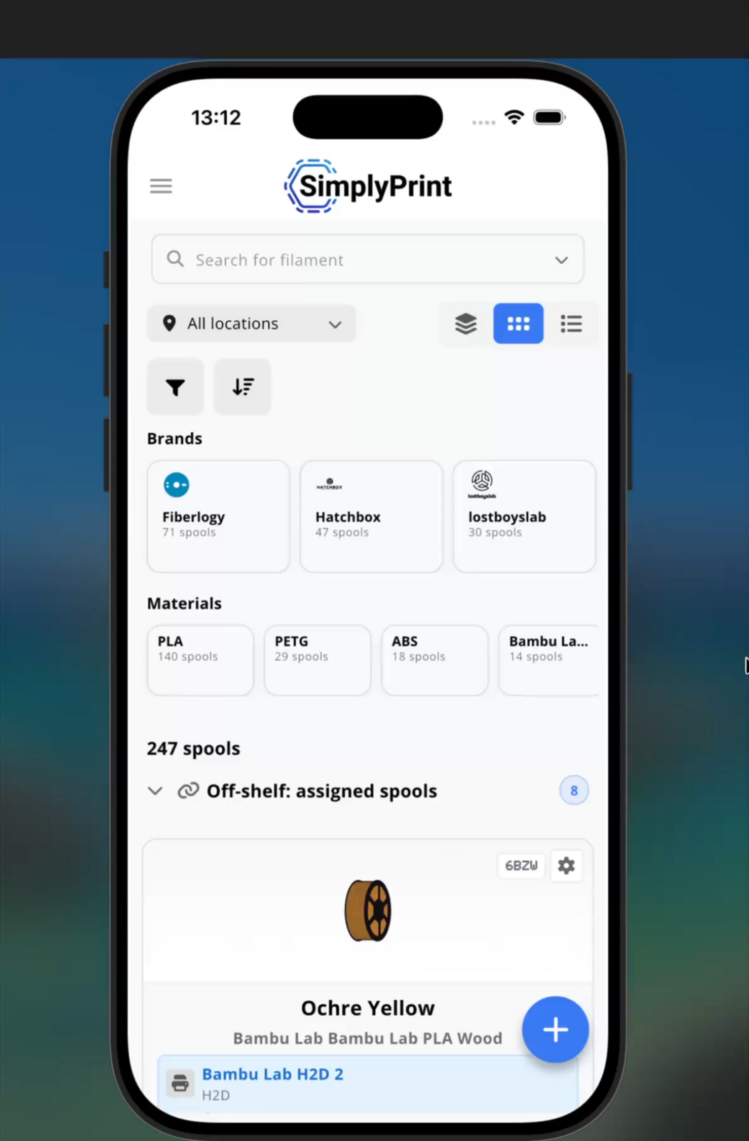 Filament Manager in the mobile app