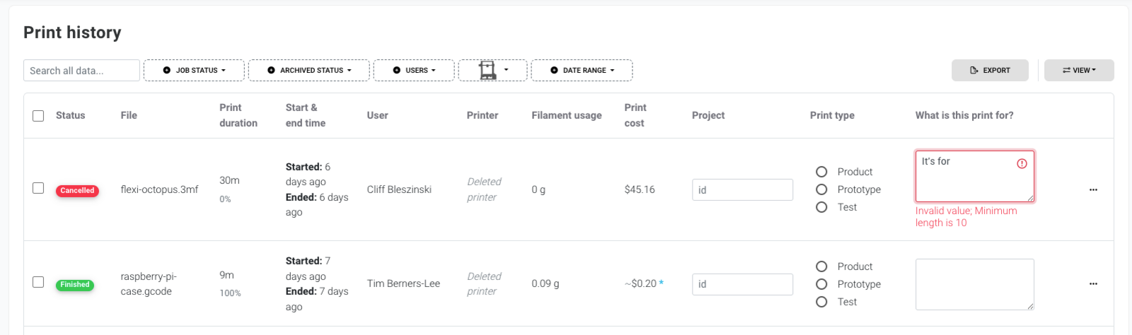 Custom fields in print history