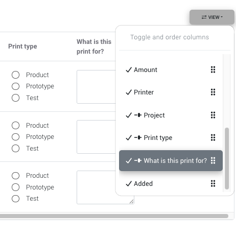 Toggling and reordering columns via the View button