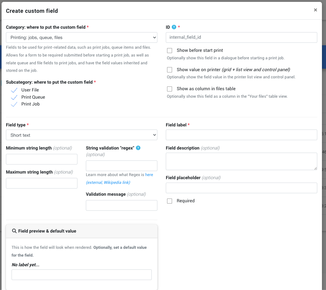 Custom field creation modal
