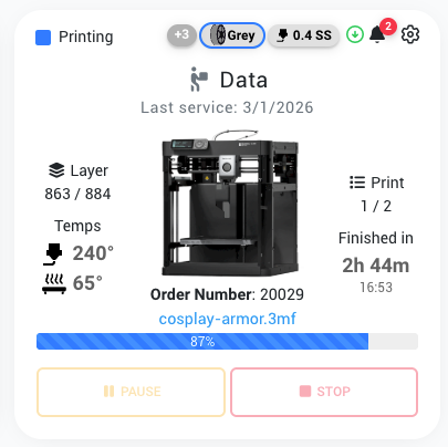 Printer field value shown on printer cards in the overview