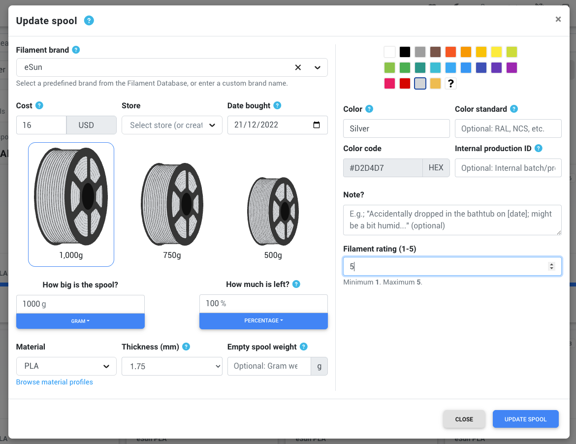 Custom filament fields on a filament spool