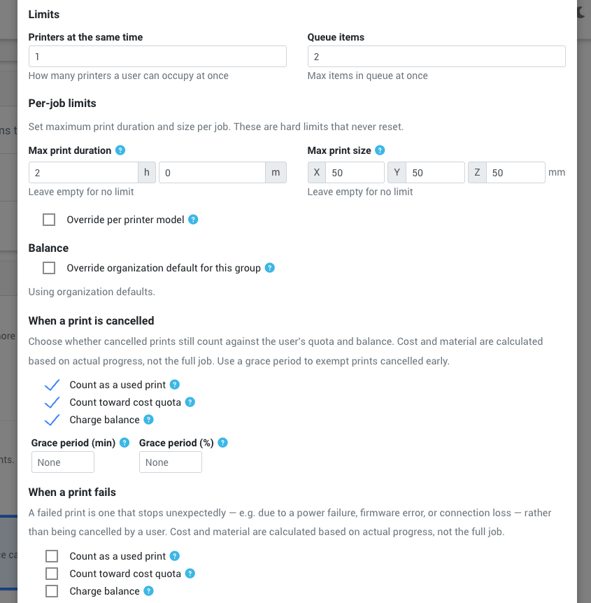 Fixed limits, per-job limits, balance override, and cancelled print behavior settings for a user group