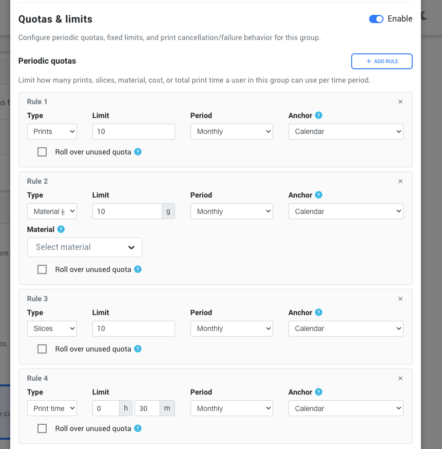 Quota policy editor showing four periodic quota rules: 10 prints per month, 10g material per month, 10 slices per month, and 30 minutes of print time per month