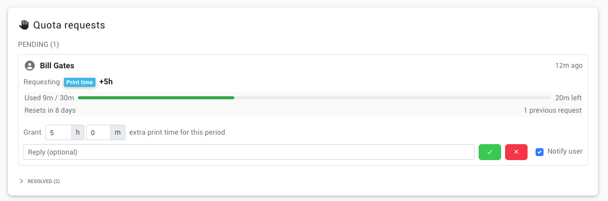 Admin view of a pending quota request showing the user's current usage, requested amount, and approve/deny controls