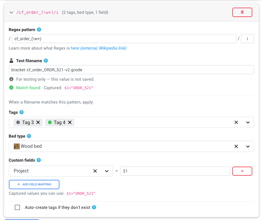 Example of a filename tag rule with pattern, tags, bed type, and custom field mapping