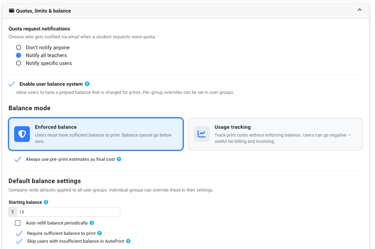 Balance system settings showing the mode selector, starting balance, auto-refill, and enforcement options