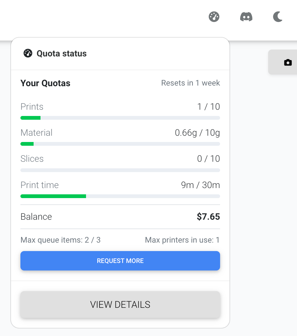 Quota status dropdown showing the user's balance alongside quota progress bars and limits