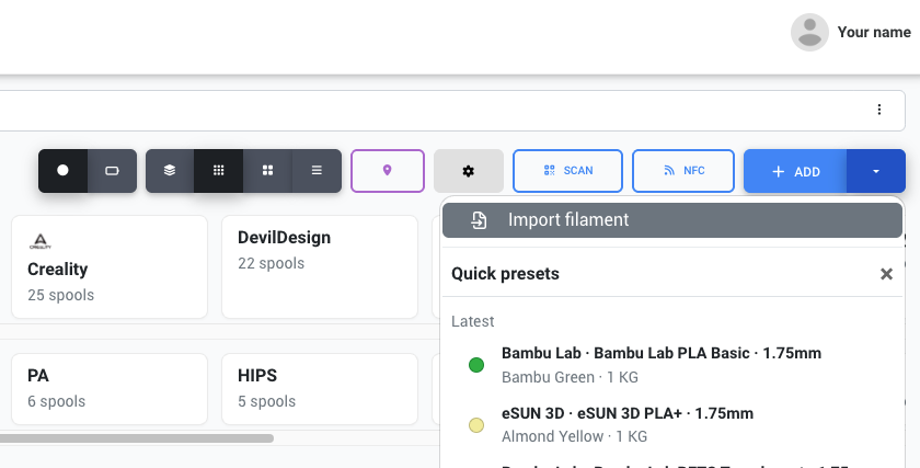 Click the dropdown arrow next to Add, then select Import filament