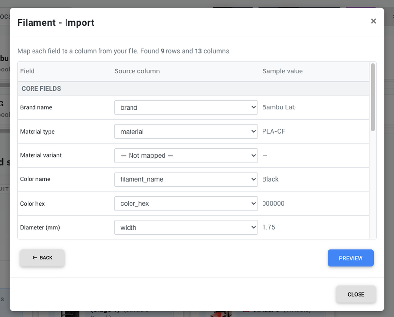 The column mapper lets you manually assign source columns to SimplyPrint fields
