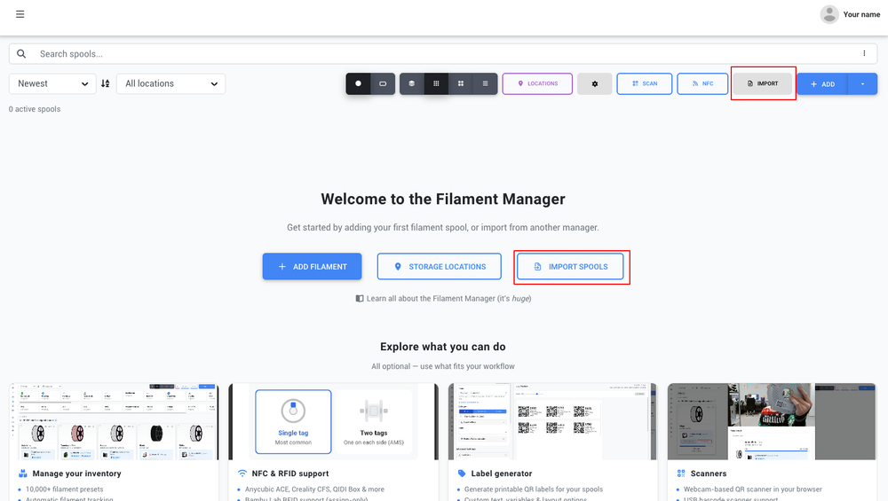 The empty Filament Manager shows an Import button in the toolbar and an Import spools button on the welcome screen