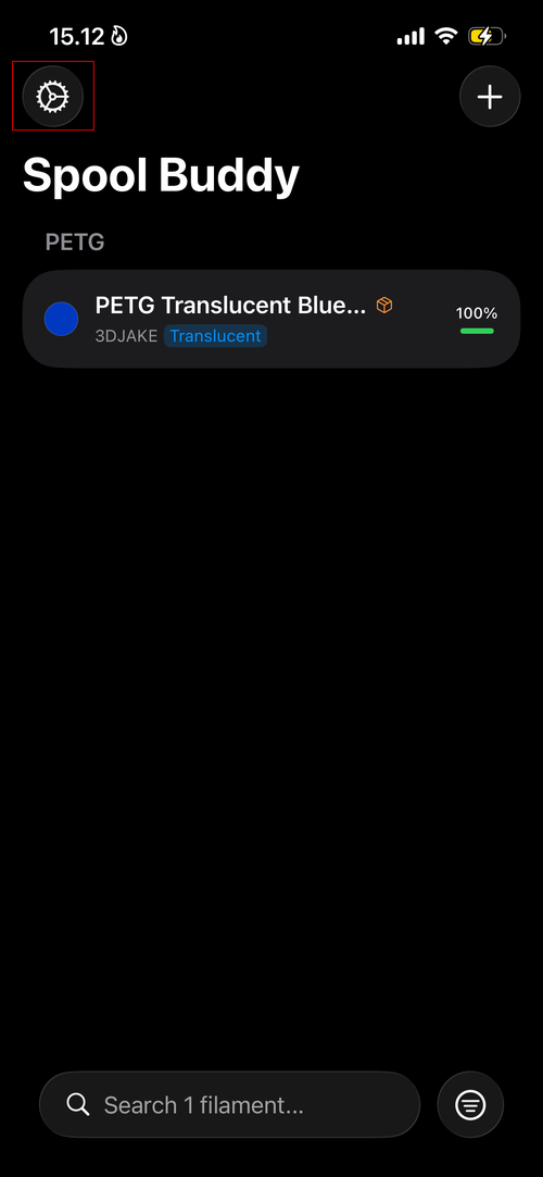 Spool Buddy app showing the settings gear icon