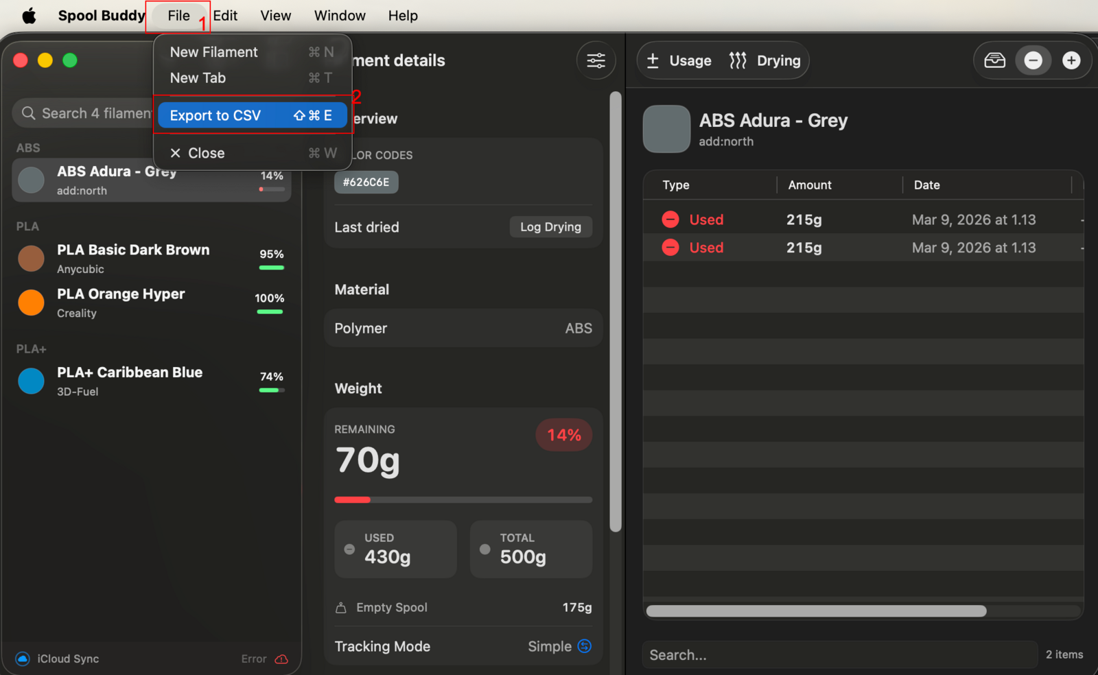 Spool Buddy Mac app showing the File menu with Export to CSV option
