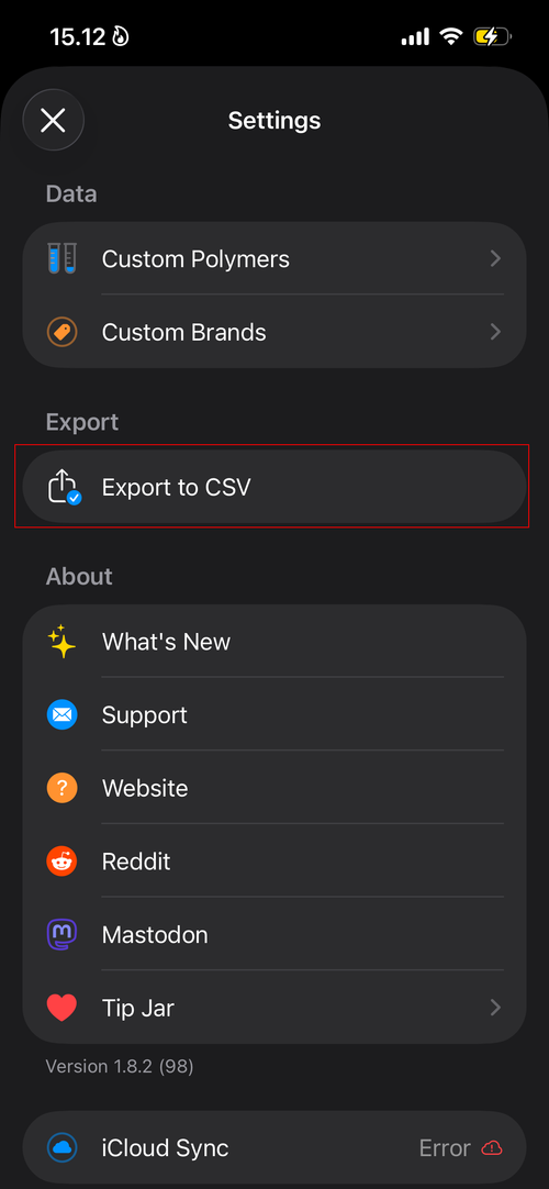 Spool Buddy settings screen with the Export to CSV option