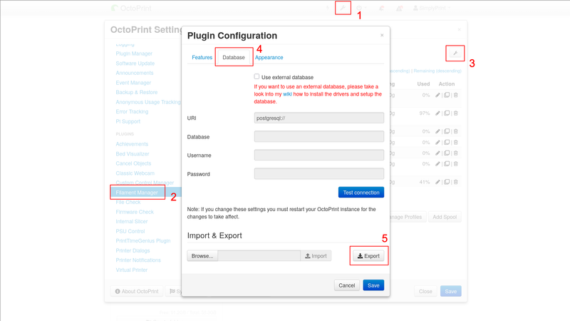 OctoPrint Filament Manager export steps