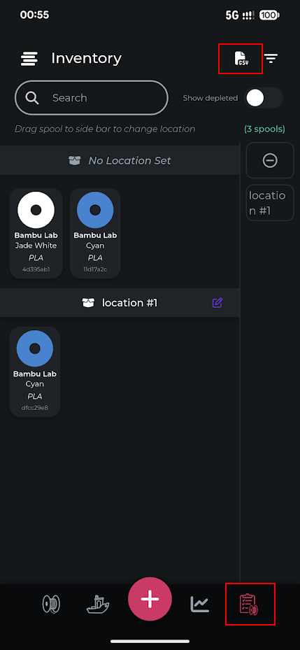 Spoolstock app showing the Inventory tab and CSV export button