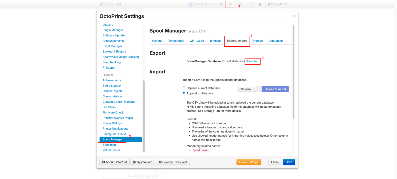 SpoolManager export tab in OctoPrint settings